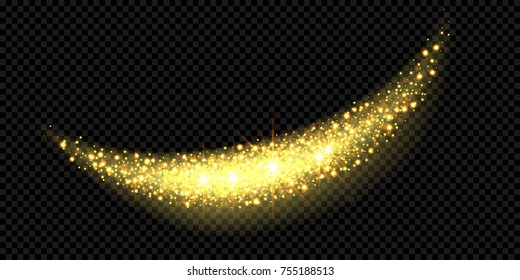 Christmas Holiday golden glitter light wave background template of sparkling gold particles and shiny confetti effect. Vector glittering shimmer glare trail for New Year or Christmas luxury design