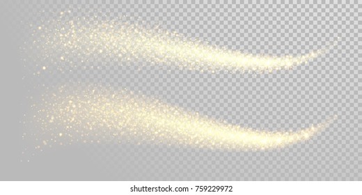 Christmas Holiday Golden Glitter Light Wave Background Template Of Sparkling Gold Particles And Shiny Confetti Effect. Vector Glittering Shimmer Glare Trail For New Year Or Christmas Luxury Design.