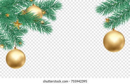 Christmas holiday greeting card background template of golden ball decorations on Christmas tree branches. Vector New Year gold glitter stars confetti on transparent luxury white background.