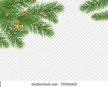 Christmas holiday greeting card background template of golden star and ball decorations on Christmas tree and holly wreath. Vector New Year golden confetti garland on transparent luxury black design