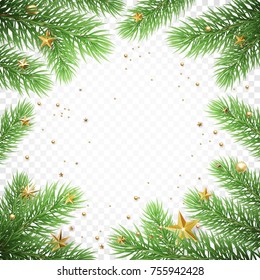 Christmas Holiday Greeting Card Background Template Of New Year Fir Tree Branch Wreath Frame And Golden Stars Confetti. Vector Christmas Or New Year Decoration Poster Design On Transparent White.