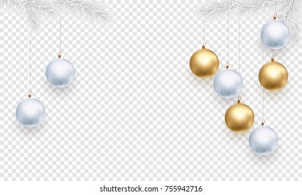 Christmas holiday greeting card background template of golden ball decorations on Christmas tree branches. Vector New Year gold glitter stars confetti on transparent luxury white background.