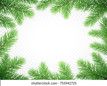 Christmas Holiday Greeting Card Background Template Of New Year Fir Or Pine Tree Branch Wreath Frame. Vector Christmas Or New Year Banner Decoration Design On Transparent Luxury White.