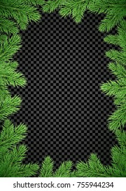 Christmas holiday greeting card background template of New Year fir or pine tree branch wreath frame. Vector New Year or Christmas decoration design on transparent luxury black banner.