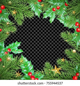 Christmas Holiday Greeting Card Background Template Of Golden Star And Ball Decorations On Christmas Tree And Holly Wreath. Vector New Year Golden Confetti Garland On Transparent Luxury Black Design.