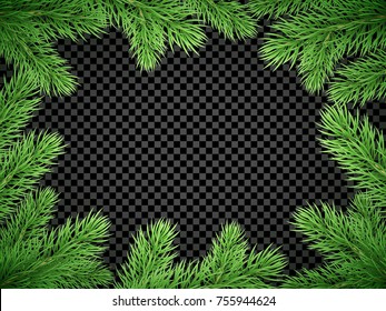 Christmas Holiday Greeting Card Background Template Of New Year Fir Or Pine Tree Branch Wreath Frame. Vector Christmas Or New Year Banner Decoration Design On Transparent Luxury White.