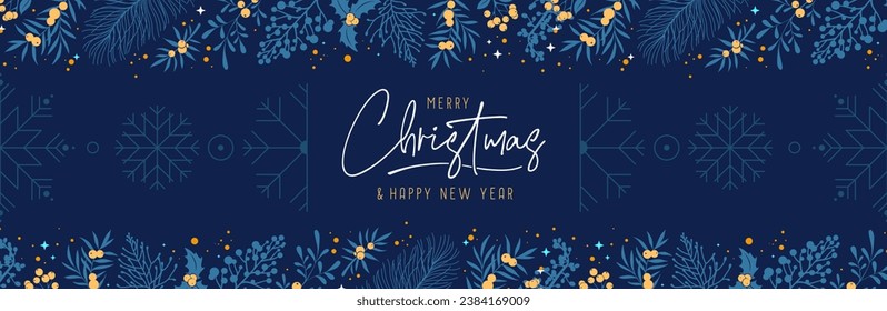 Christmas holiday greeting card or banner with floral desoration. Vector illustration