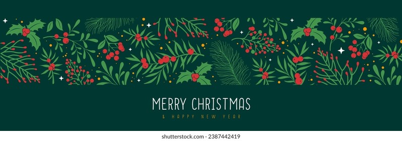 Christmas holiday greeting card or banner with floral desoration. Vector illustration