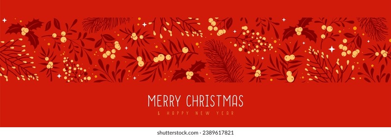 Christmas holiday greeting card or banner with floral desoration. Vector illustration