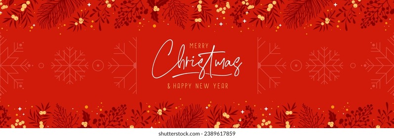 Christmas holiday greeting card or banner with floral desoration. Vector illustration