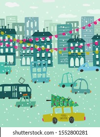 Christmas holiday greeting card with city scene - transport traffic in snowing town.