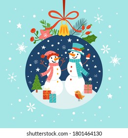 Christmas holiday greeting card with cute snowman character and bauble ornament. Childish print for cards, invitation, poster and banner. Vector Illustration