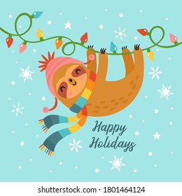 Christmas holiday greeting card design with cute sloth character. Childish print for cards, stickers, apparel and nursery decoration. Vector Illustration