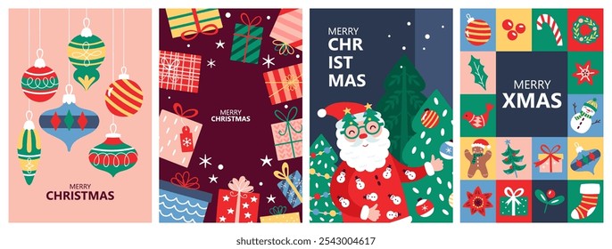 Christmas holiday greeting card design set with cute elements. Childish print for cards, stickers, apparel and decoration. Vector illustration