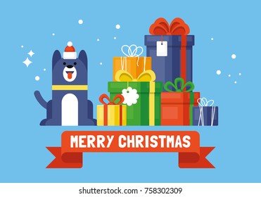 Christmas holiday greeting card design with dog and gift boxes. Flat style vector illustration