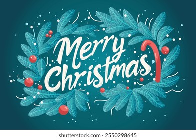 Christmas holiday greeting card festive wreath pine branches red berries candy cane teal background