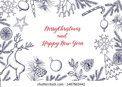Christmas holiday greeting card with fir tree and pine cone. Vector hand drawn botanical illustration . Engraved christmas square poster or banner