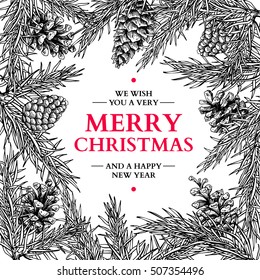 Christmas holiday greeting card with fir tree and pine cone. Vector hand drawn botanical illustration . Engraved xmas square poster or banner