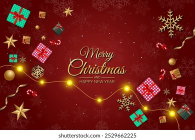 Christmas holiday greeting card with gift boxes, golden snowflakes, and lights

