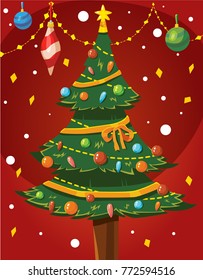Christmas holiday greeting card print design with green Christmas tree and garland decoration