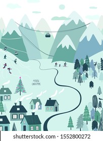 Christmas holiday greeting card with rural scene - mountain village, forest, skiing and snowboarding people.