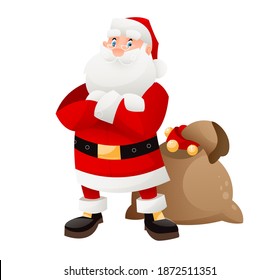 Christmas Holiday greeting card with Santa Claus and sack full of gifts for kids. Santa stays on the blue winter background with white snow. Vector illustration isolated on white background.