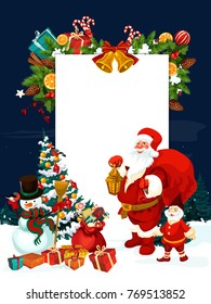 Christmas holiday greeting card of Santa Claus with gift bag. Xmas tree, Santa, snowman and banner with copy space, decorated by holly and fir branch, bell, snowflake and bow, present, candy and ball