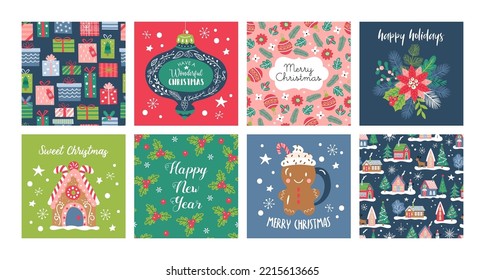 Christmas holiday greeting card set. Childish print for background, banner and  poster design template. Vector Illustration