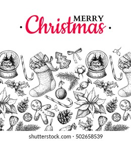 Christmas holiday greeting card. Vector hand drawn illustration with holly, mistletoe, poinsettia, pine cone, sock, toy, ball, candy, ginger man . Engraved xmas square poster or banner