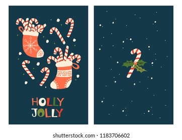 Christmas Holiday Greeting Cards with Candy Cane. Xmas winter poster collection