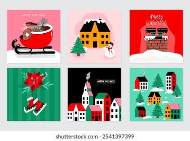  Christmas holiday greeting cards with chimney, arrangement, ice skates, landscape, festive buildings