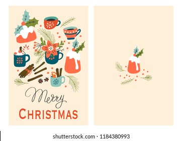 Christmas Holiday Greeting Cards with Pudding and Hot Drink. Xmas winter poster collection