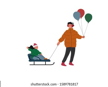 Christmas holiday greeting elements with happy Children. Boy carries his sister girl on sleid. New Year card. Winter festive Vector cartoon isolated illustration