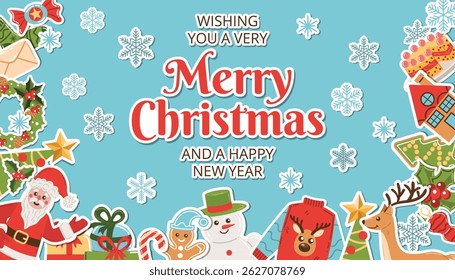 Christmas holiday greeting poster with cheerful congratulations, decorated with festive stickers and snowflakes. Features playful seasonal icons like Santa, gifts, tree, and holly. 