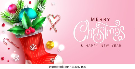 Christmas holiday greeting vector design. Merry christmas text with xmas stockings in stripes pattern and pink background for celebration messages. Vector illustration.
