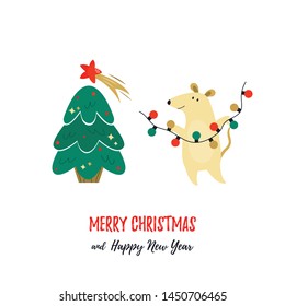 Christmas holiday greetings with cute mouse and pine tree. Holiday card