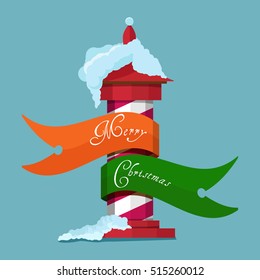 Christmas holiday greetings on developing ribbons on signposts in red and white stripes on the snow. 