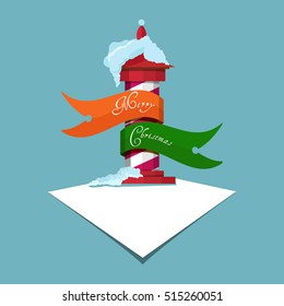 Christmas holiday greetings on developing ribbons on signpost in red and white stripes on the snow. Snowy pointer down.