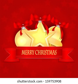 Christmas Holiday Greetings.Christmas background.Christmas golden decoration with red ribbons on a red background.vector