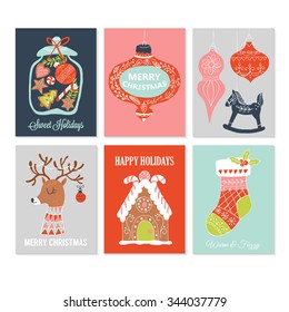 Christmas holiday hand drawing greeting card set. Isolated vector illustration