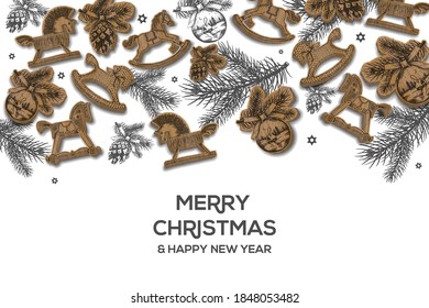 Christmas holiday hand drawing poster. Christmas background with wooden toys, vector illustration