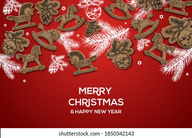 Christmas holiday hand drawing poster. Christmas background with wooden toys, vector illustration