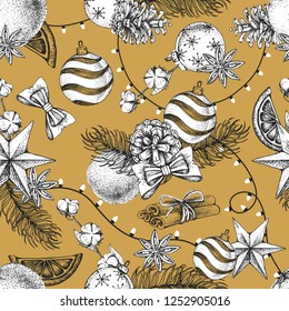 Christmas holiday hand drawing seamless pattern. Christmas attributes background