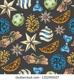 Christmas holiday hand drawing seamless pattern. Christmas attributes background