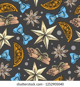Christmas holiday hand drawing seamless pattern. Christmas attributes background