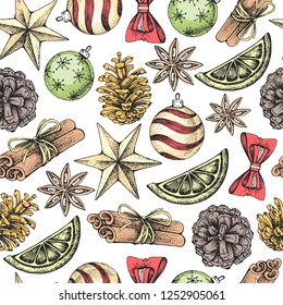 Christmas holiday hand drawing seamless pattern. Christmas attributes background