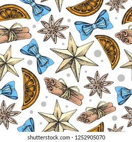 Christmas holiday hand drawing seamless pattern. Christmas attributes background