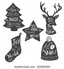 Christmas holiday hand drawn silhouettes with hand lettering. Vector illustration