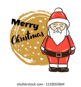 Christmas holiday hand lettering with golden color textured background and hand drawn cartoon Santa Claus icon for greeting card, party invitation, poster, banner. Quote "Merry Christmas". 