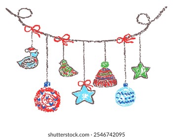 Christmas holiday hanging decoration garland with threads. Ball, star, tit bird, knitted hat. Crayon, pastel chalk or pencil kids hand drawing doodle funny style. Cartoon flat bright art simple banner